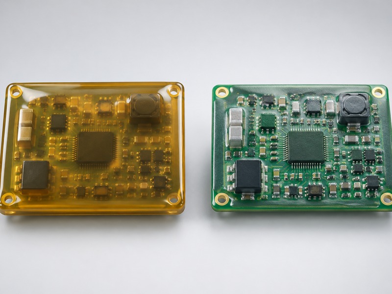 灌封胶与三防漆对比：左侧PCB被灌封胶整体包封，右侧只覆盖薄层三防漆